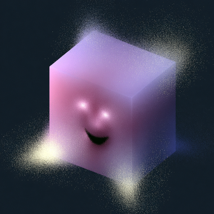 a glowing translucent cube with a small smile, surrounded by fizzy particles